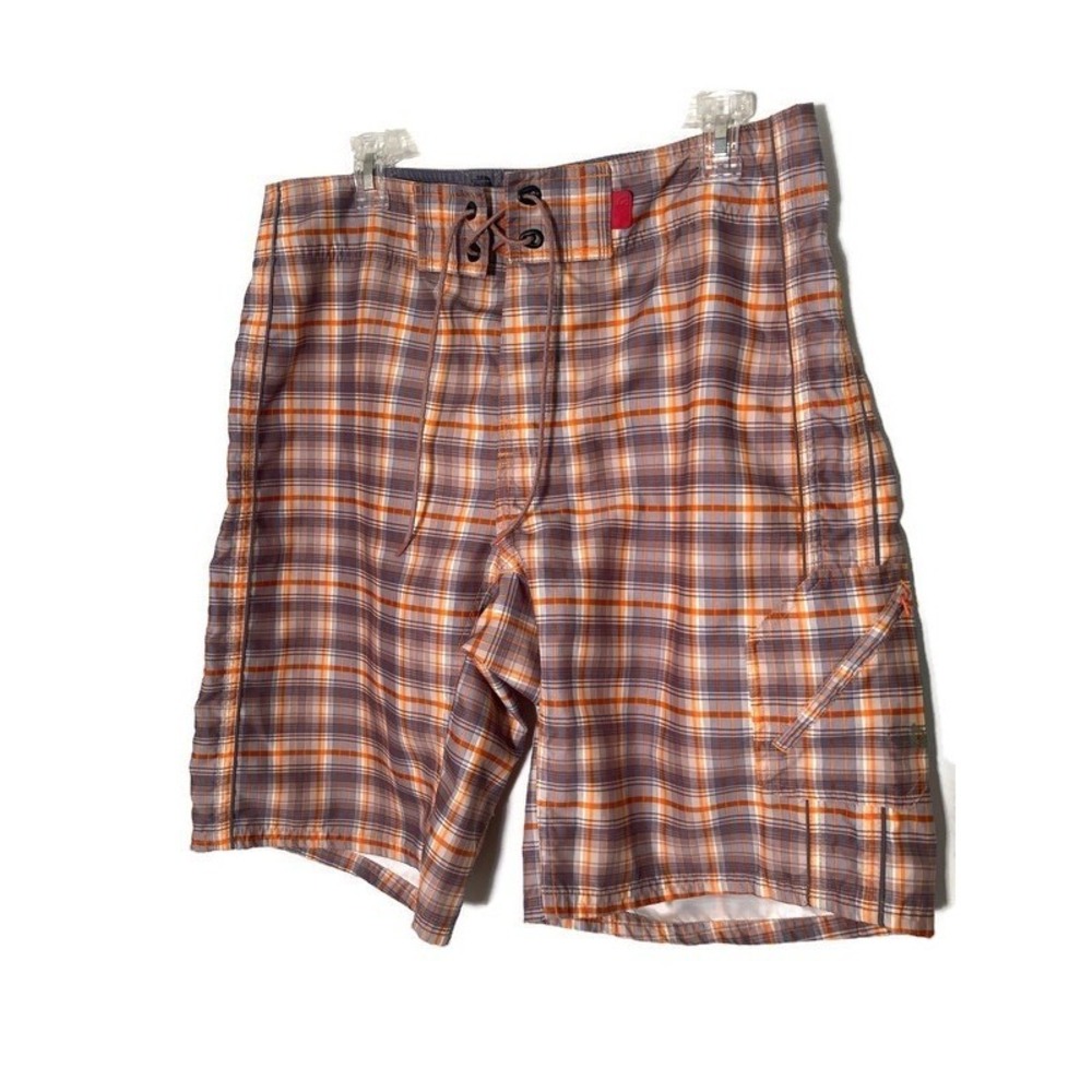 The North Face Shorts Men's 34 Orange Plaid Cargo Board Shorts #1796